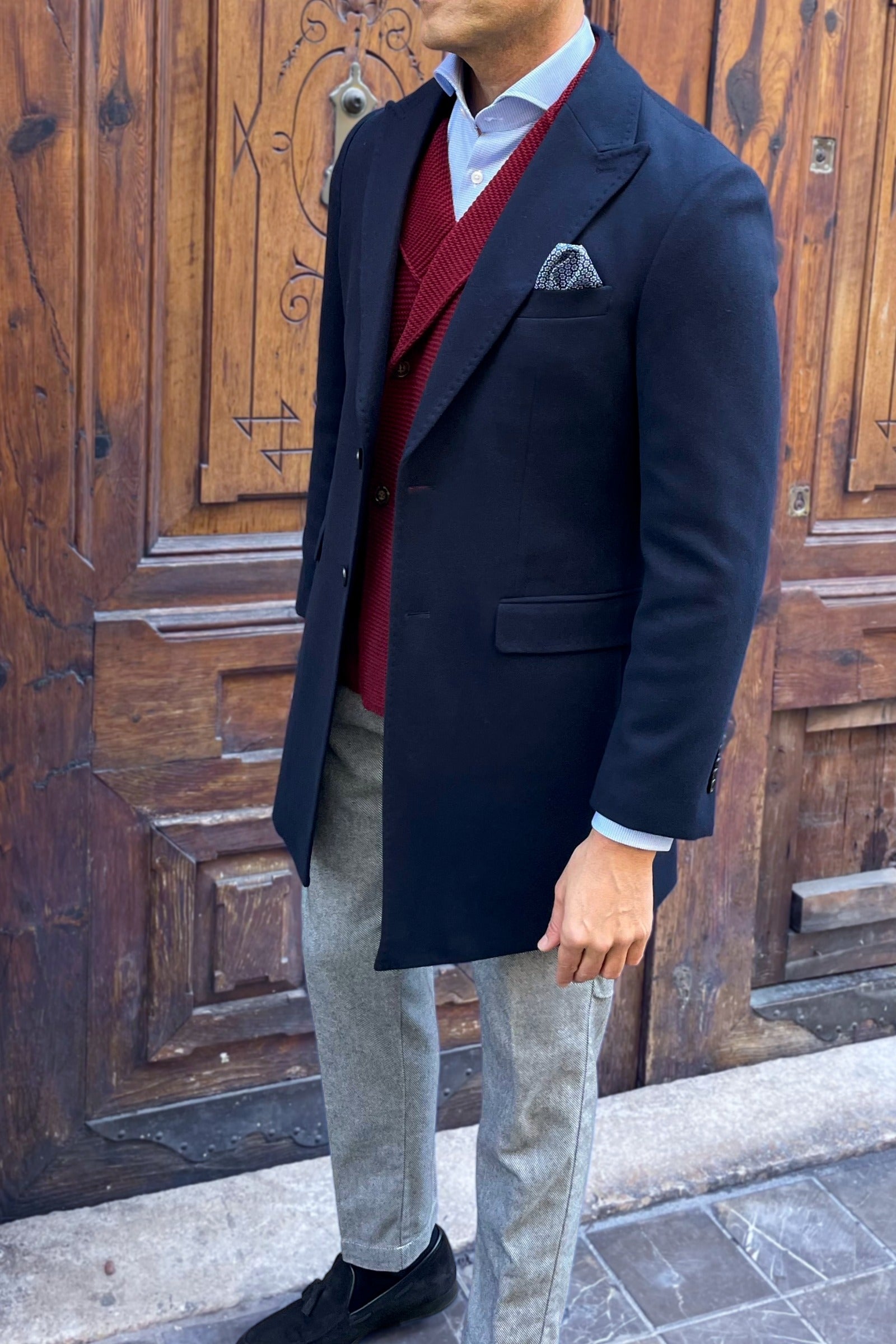 Abrigo Cavaliere azul marino para hombre, abrigo de vestir elegante estilo italiano