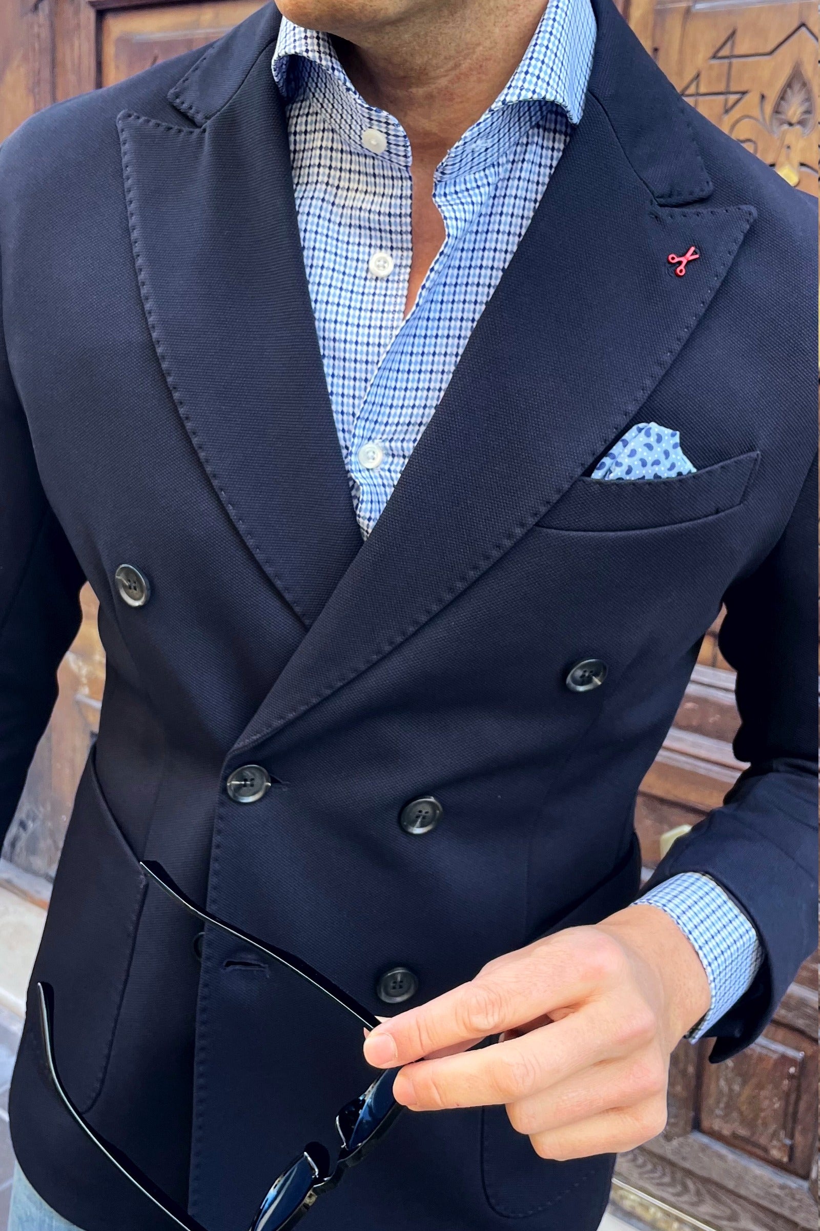 Americana cruzada azul marino estilo italiano