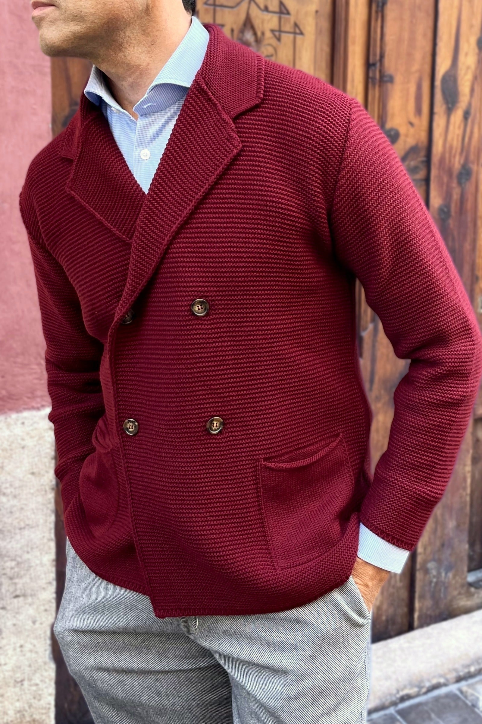 Americana cruzada de punto burdeos para hombre de estilo italiano, elegante y versátil
