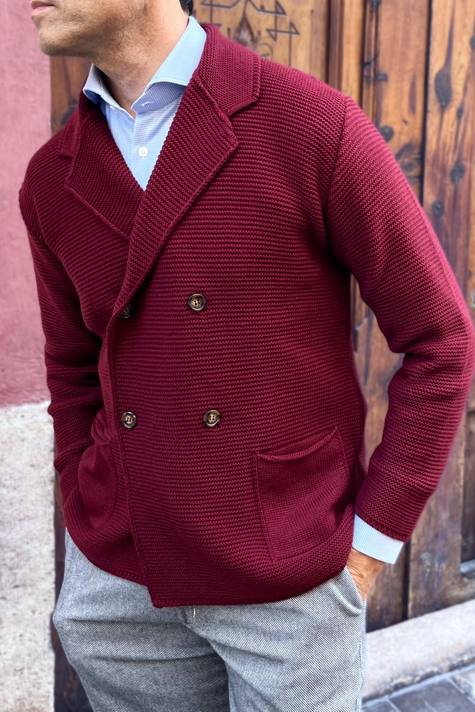 Americana cruzada de punto burdeos para hombre de estilo italiano, elegante y versátil