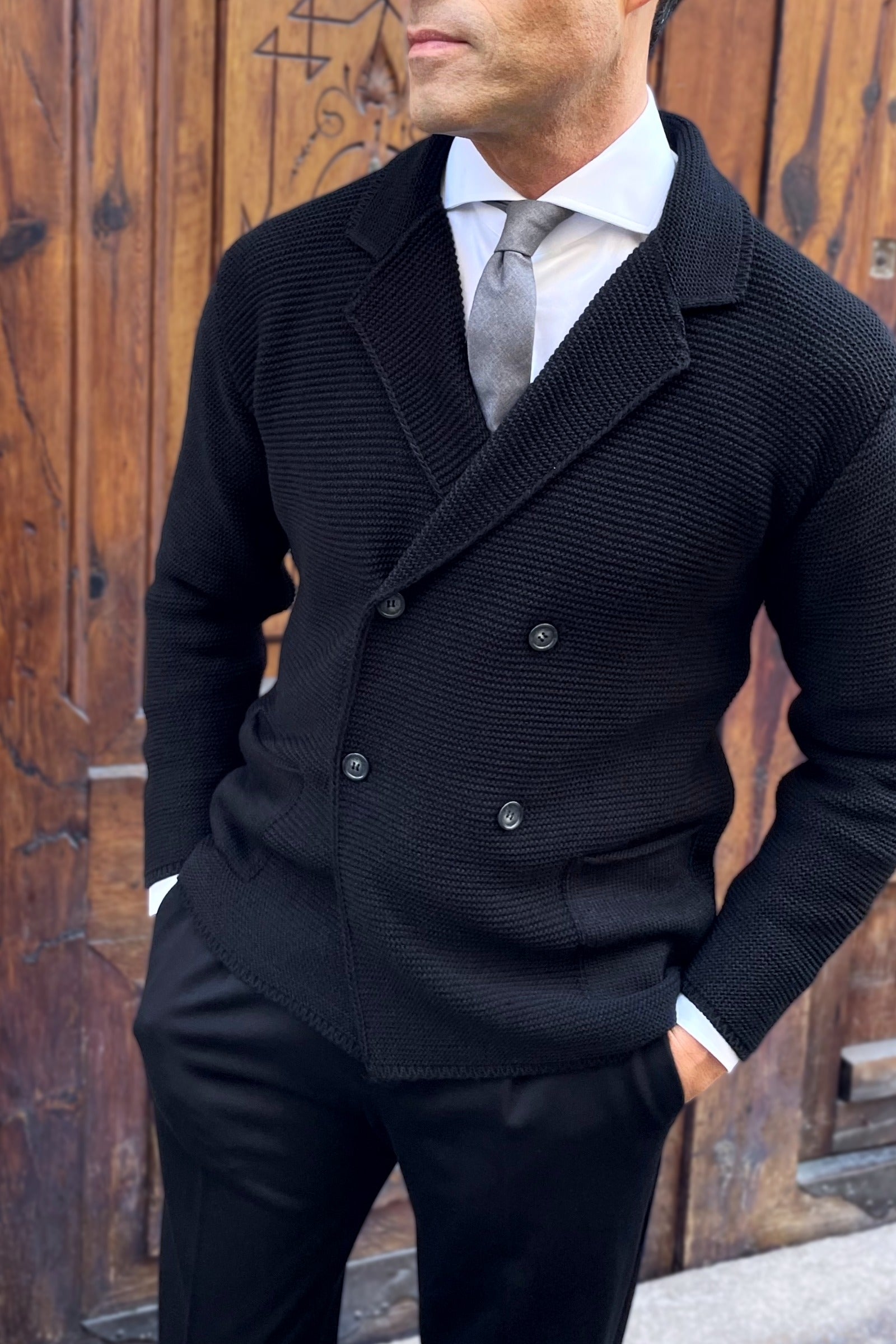 Americana cruzada de punto negra para hombre de estilo italiano, elegante y versátil