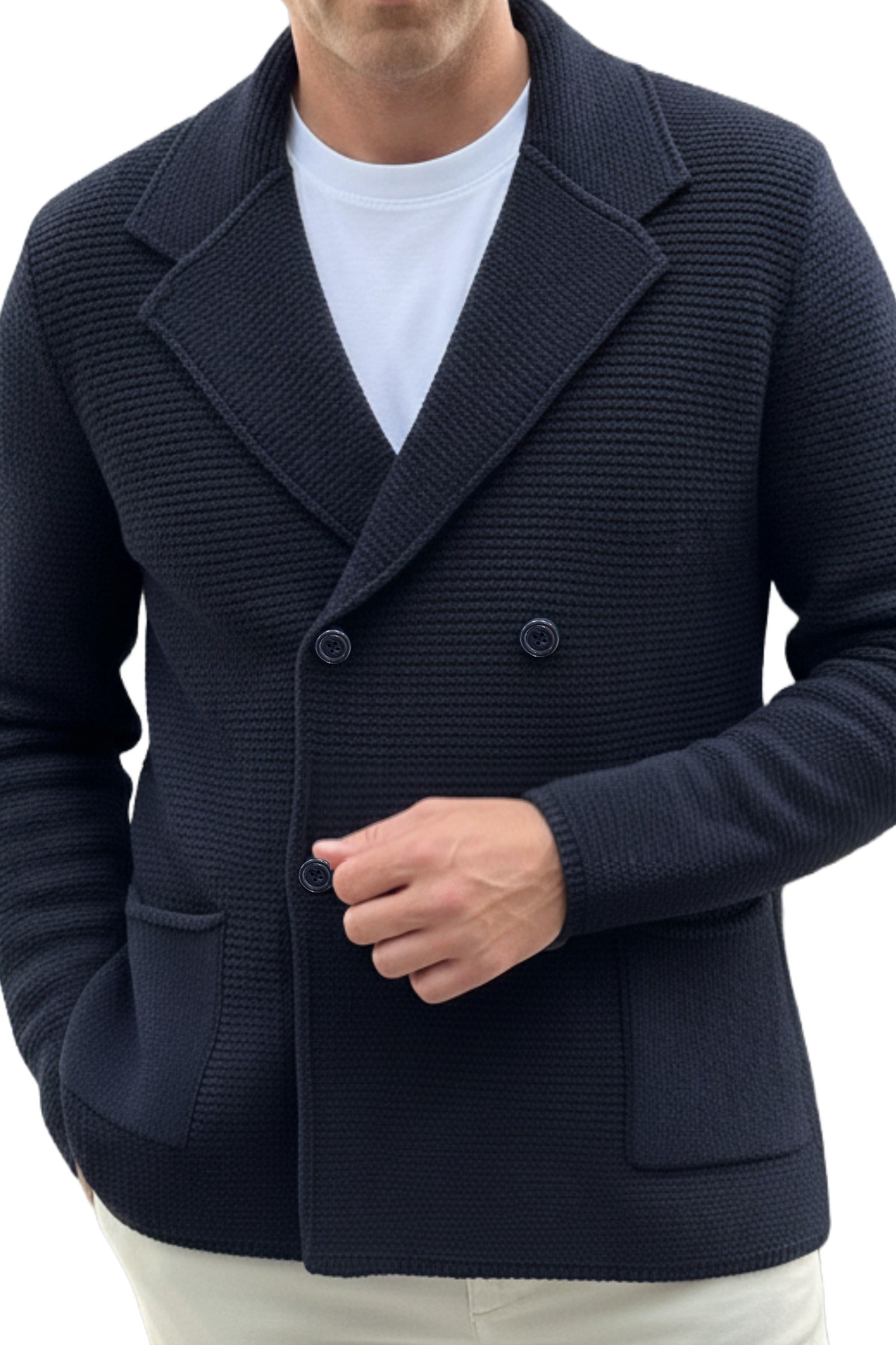 Americana cruzada de punto azul marino