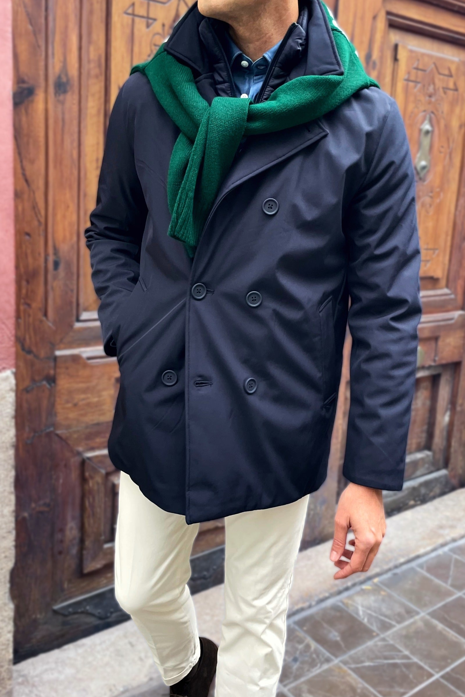 Chaqueta acolchada azul marino para hombre con chaleco desmontable y estilo italiano