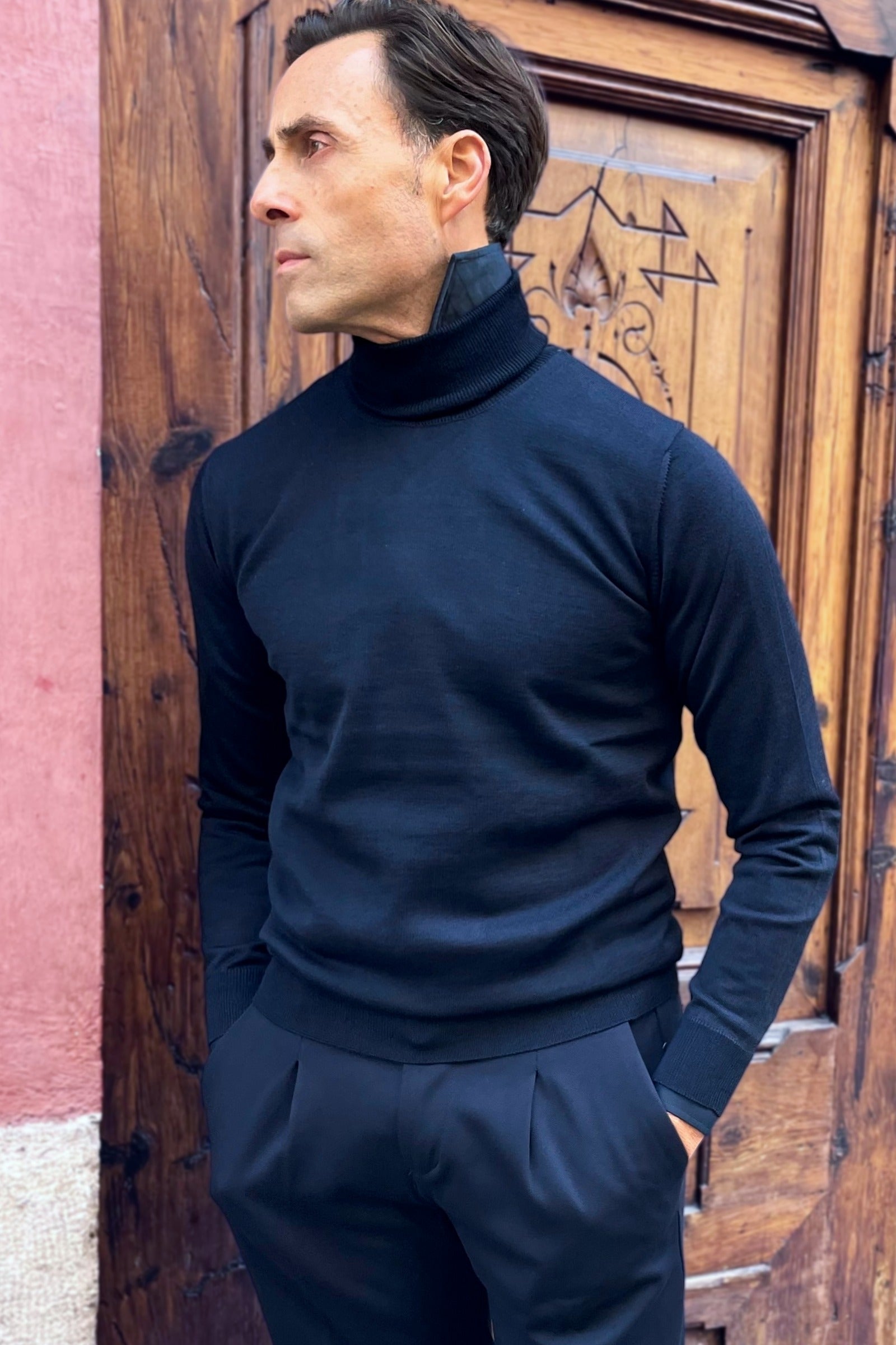 Jersey de cuello alto azul marino para hombre Alessandro, punto fino de vestir estilo italiano