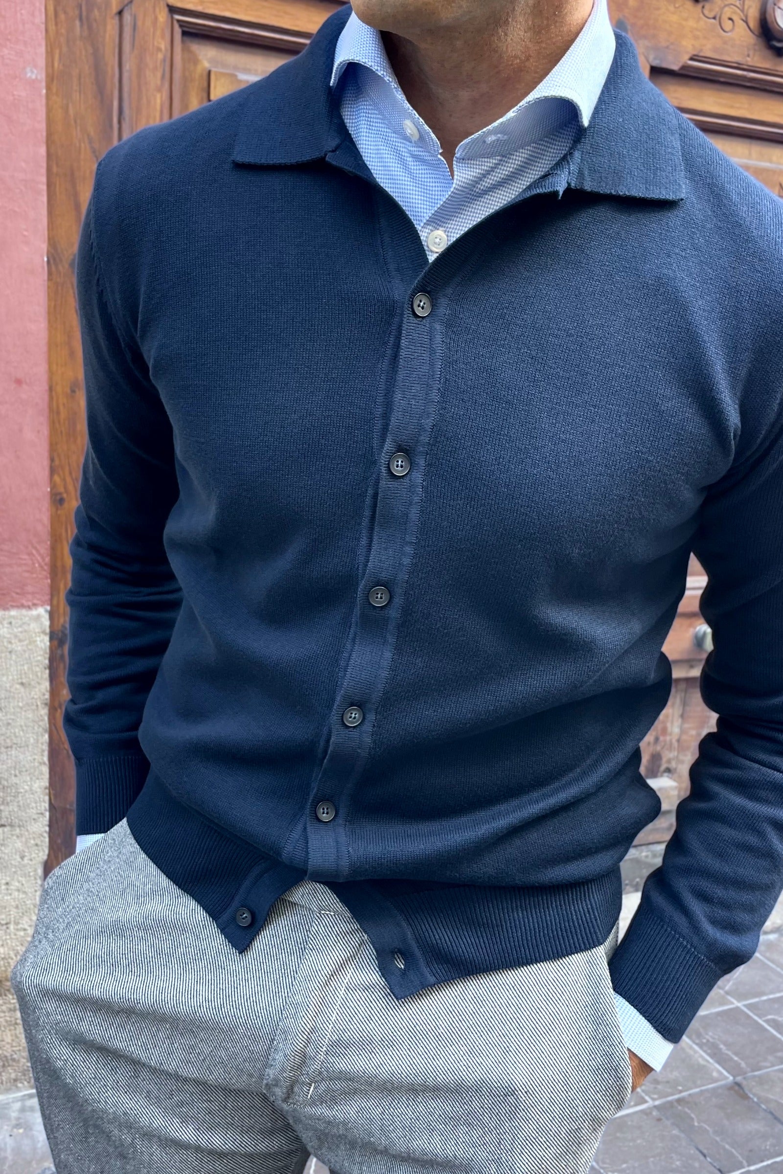 Polo camisa de punto azul marino para hombre con estilo italiano