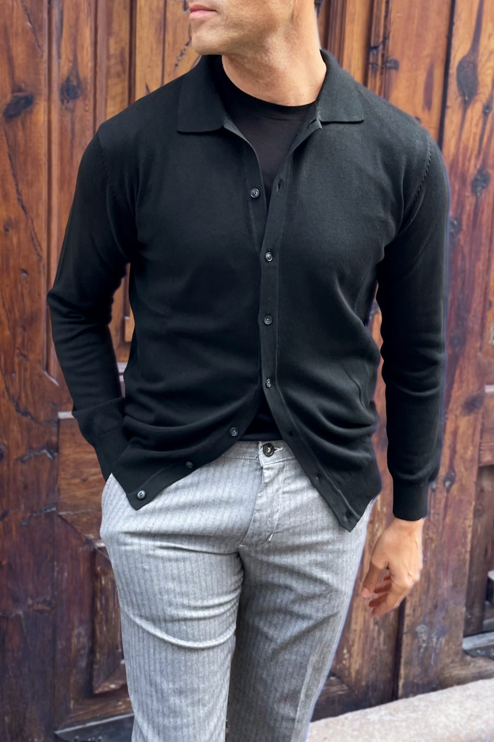 Polo camisa de punto negro para hombre con estilo italiano