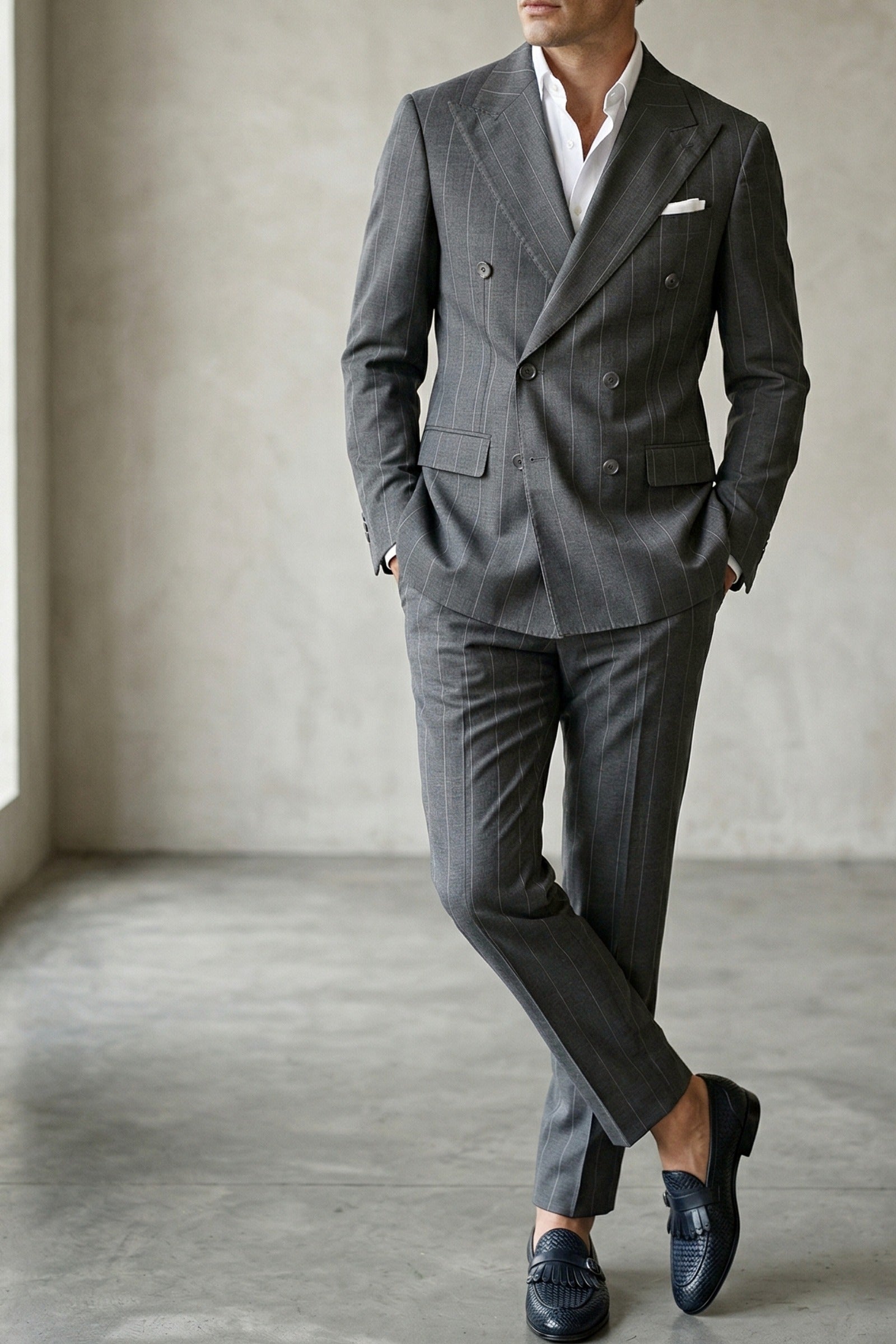 Traje rayas cruzado gris para hombre. Estilo italiano.