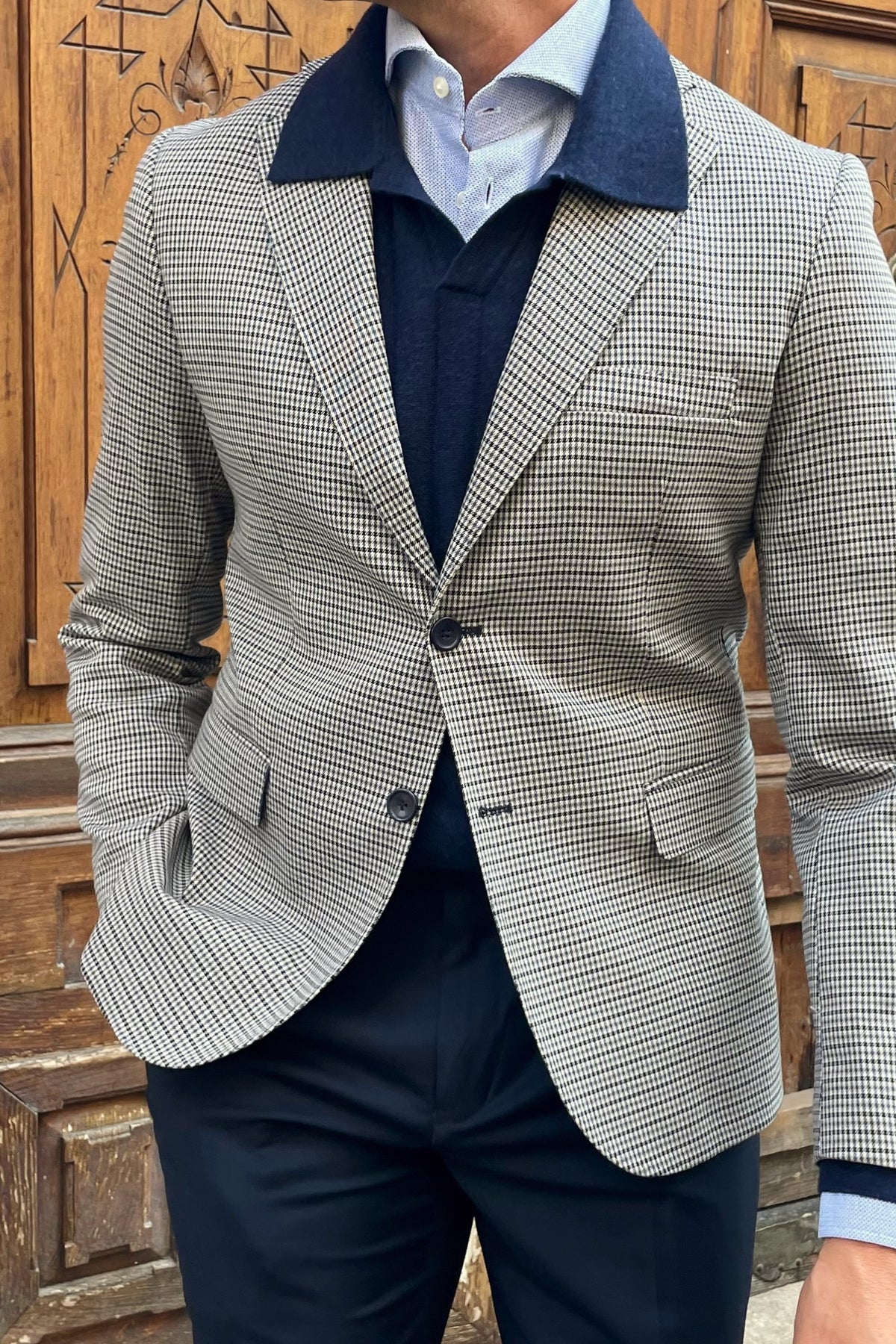 Americana de hombre Firenze en tejido Príncipe de Gales azul marino y beige.
