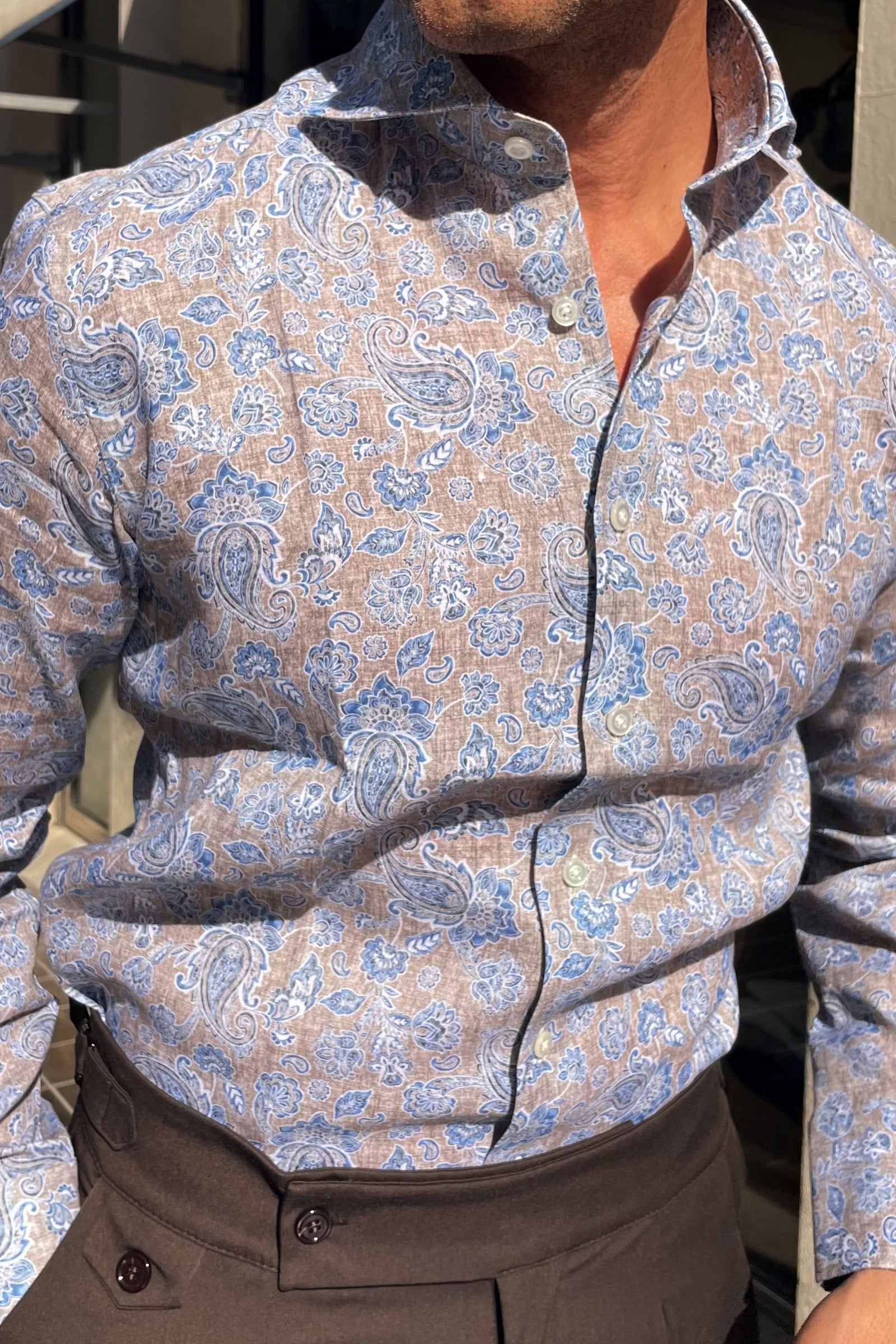 Camisa de lino para hombre con estampado Taormina. Made in Italy.