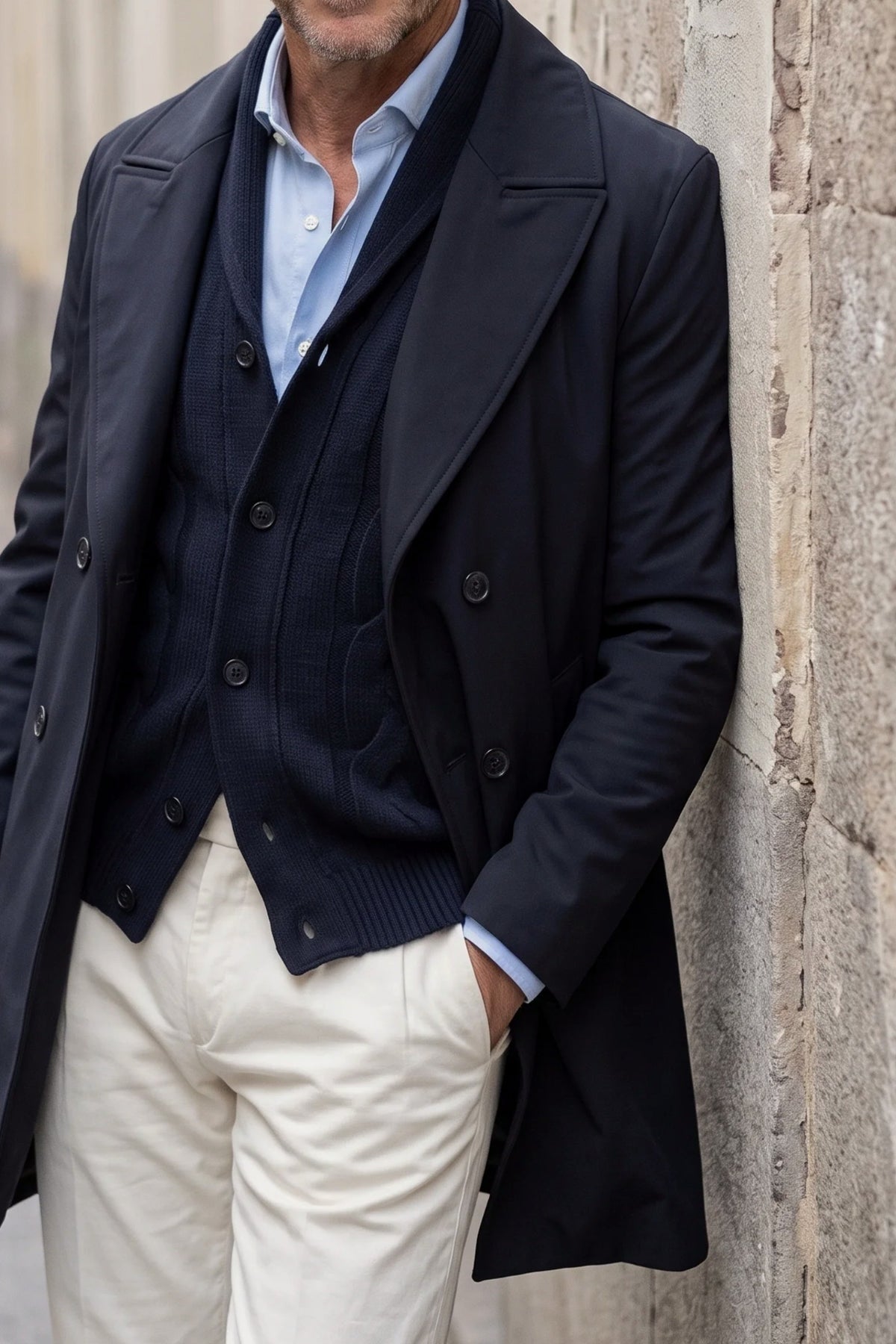 outfit con gabardina azul marino hombre