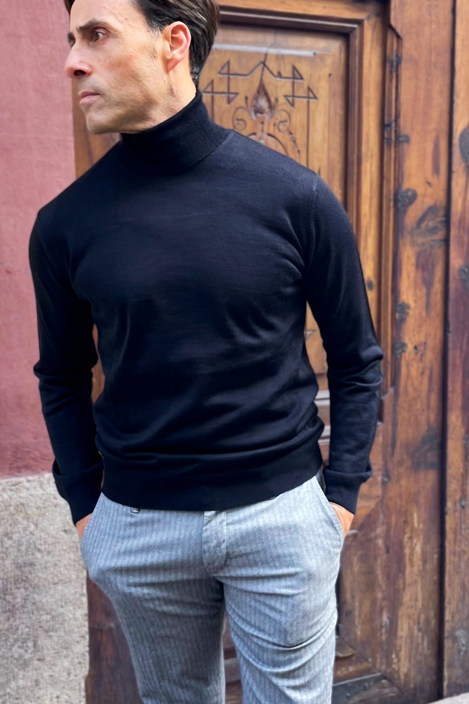 Jersey de cuello alto para hombre Alessandro en punto fino, estilo italiano elegante