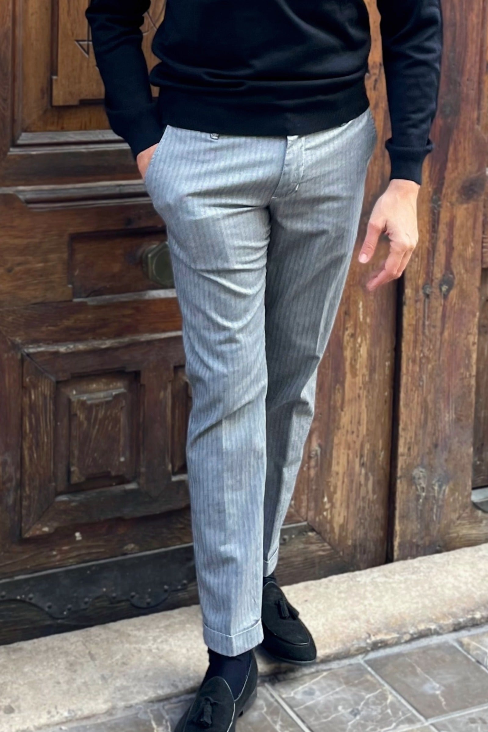Pantalón gris de espiga para hombre, estilo italiano de vestir y casual elegante UOMOMANIA