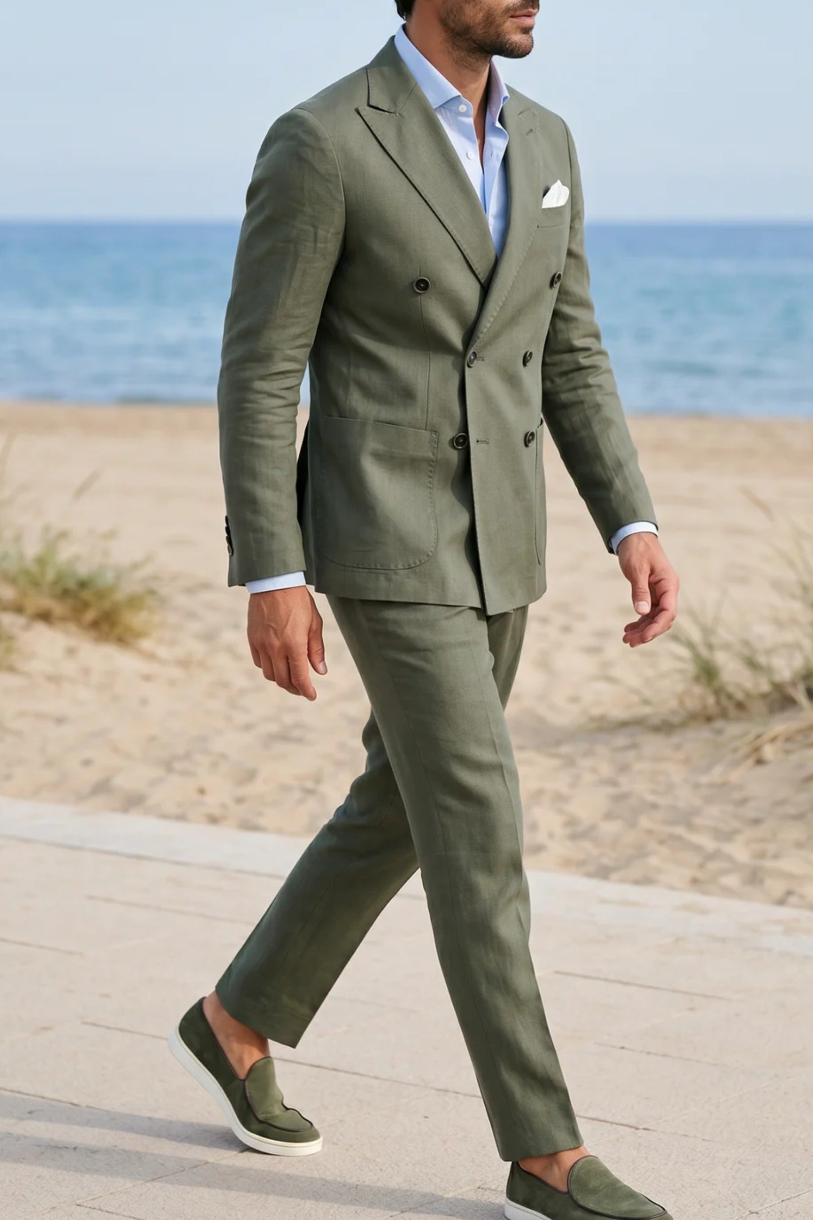 Traje lino verde hombre cruzado
